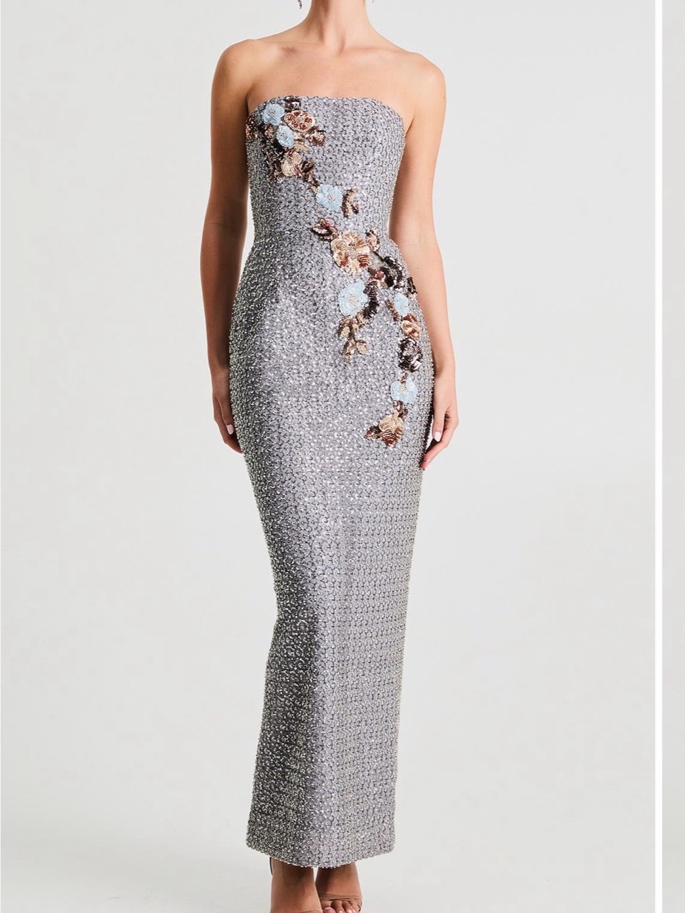 Strapless Silver Sequin Column Dress with Floral Embellishment